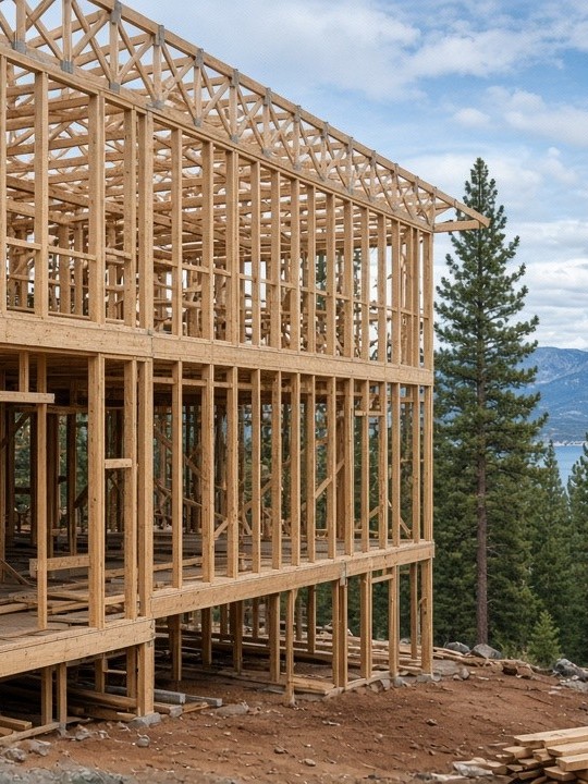 Outdoor wood framing on a new Tahoe home under construction