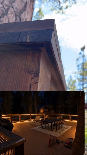 Outdoor deck with hidden LED strip lighting under railings at night